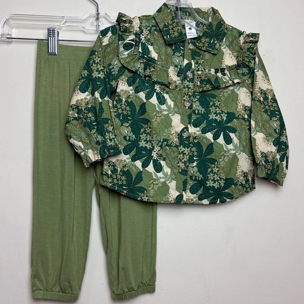 Kate Quinn 18-24 Months Floral Green Shirt and Pants set **READ**